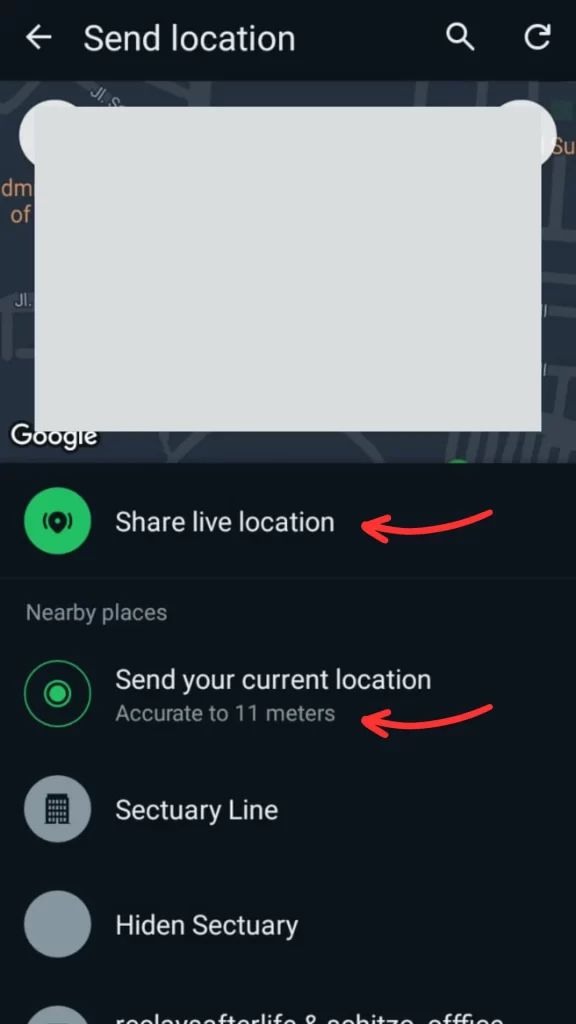 menu share location dan current location